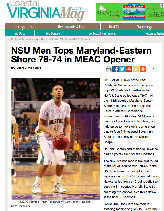 MEAC ROUND UP BY COASTAL VA SPORTS EDITOR KEITH CEPHUS| NSU DEFEATS UMES 78-74 IN MEAC OPENER