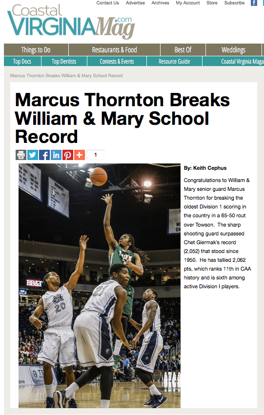 Sports Beat by Coastal Virginia Sports Editor Keith Cephus | William & Mary Guard Marcus Thornton Breaks Division 1 School Scoring Record!