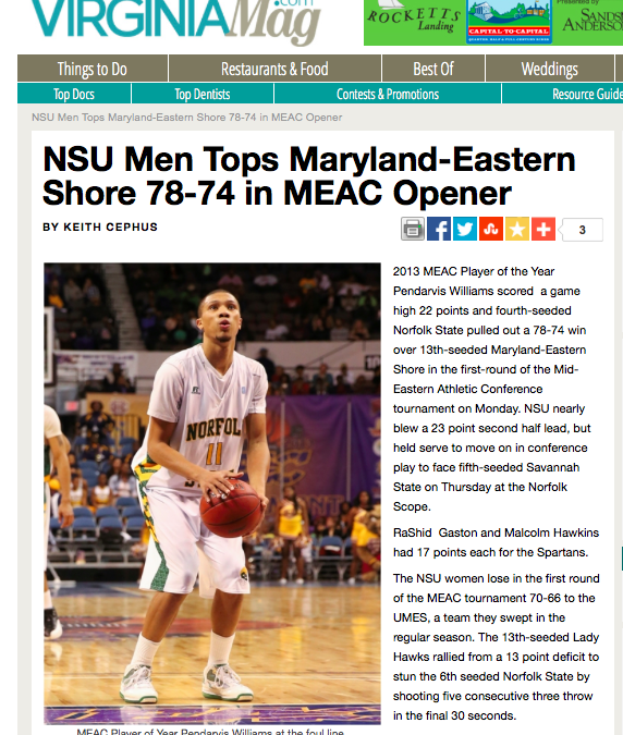 MEAC ROUND UP BY COASTAL VA SPORTS EDITOR KEITH CEPHUS| NSU DEFEATS UMES 78-74 IN MEAC OPENER